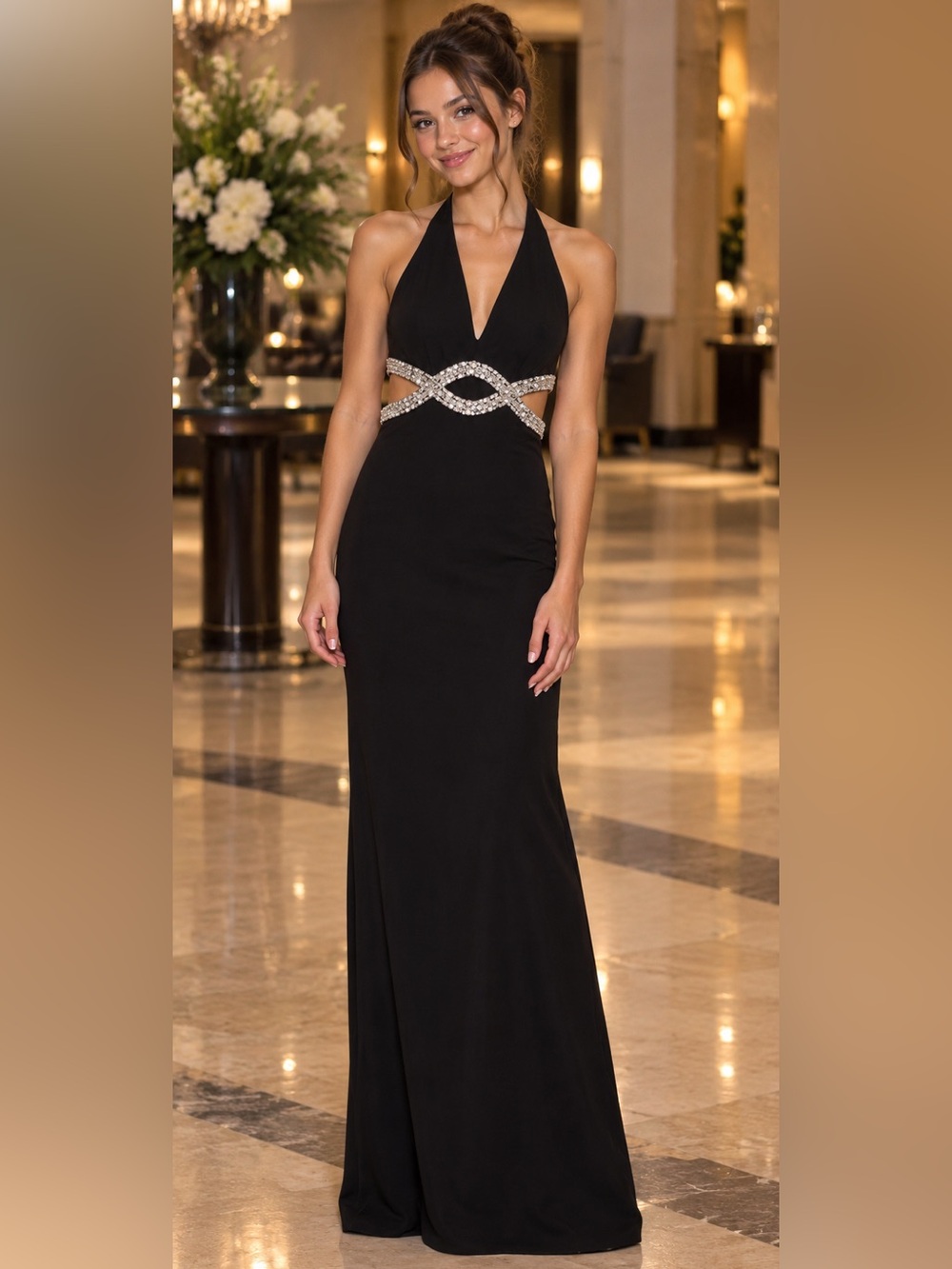 Xtraordinary Black Rhinestone Halter Cutout Prom Maxi Dress Size 1